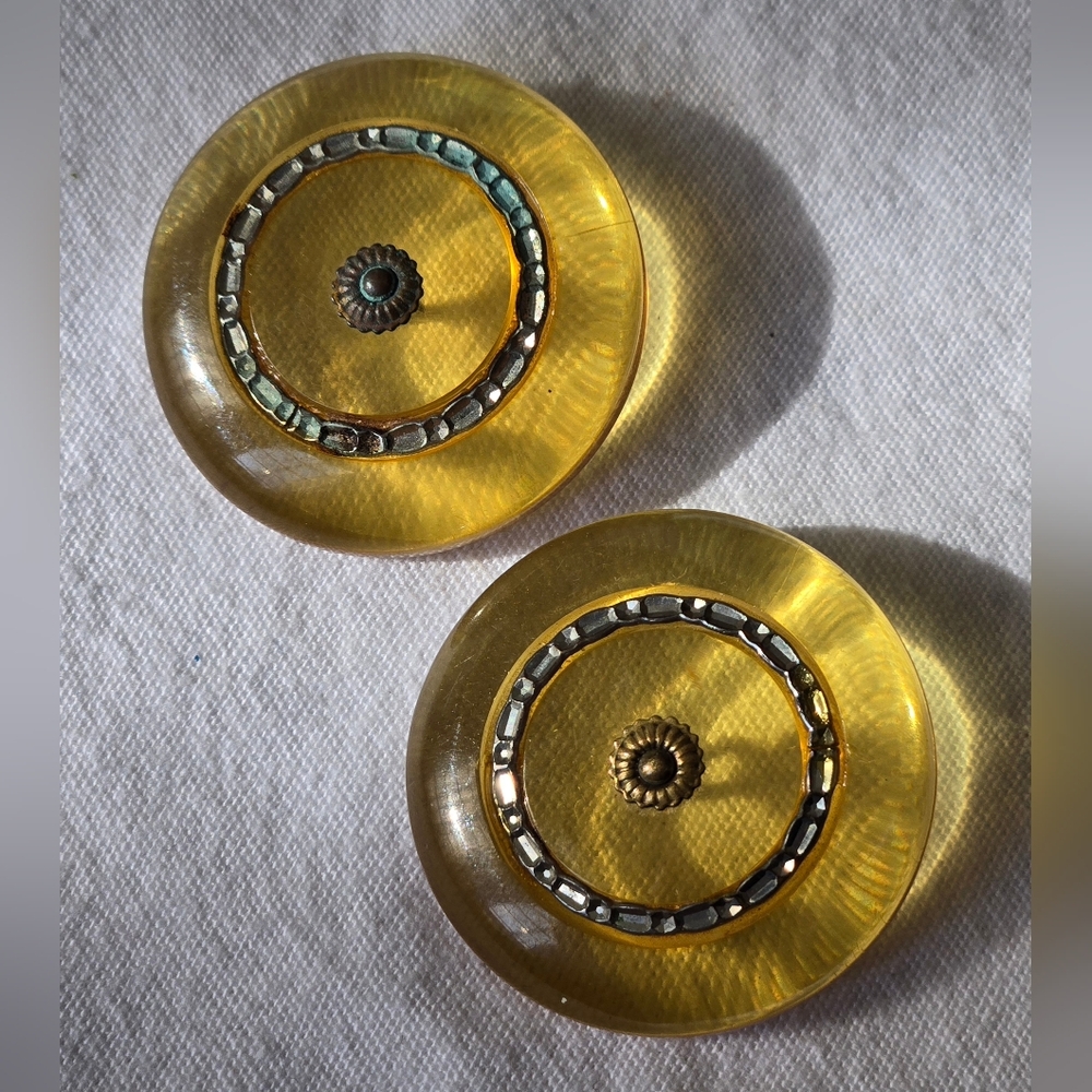 Pair Vintage Large Apple Juice Bakelite Buttons w/ Brass Design Sewing Notions